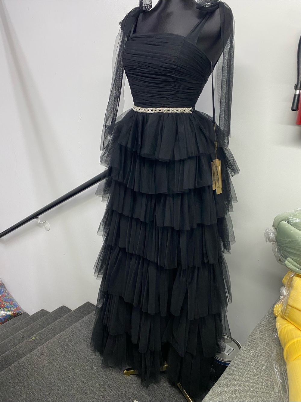 Black Tiered Tulle Maxi Dress with Braided Waist